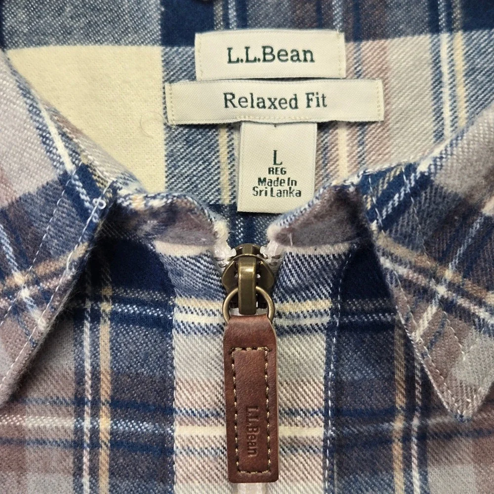 L.L.Bean Flannel Shirt Blue Brown Plaid Quarter Zip Soft Cotton Mens Large L